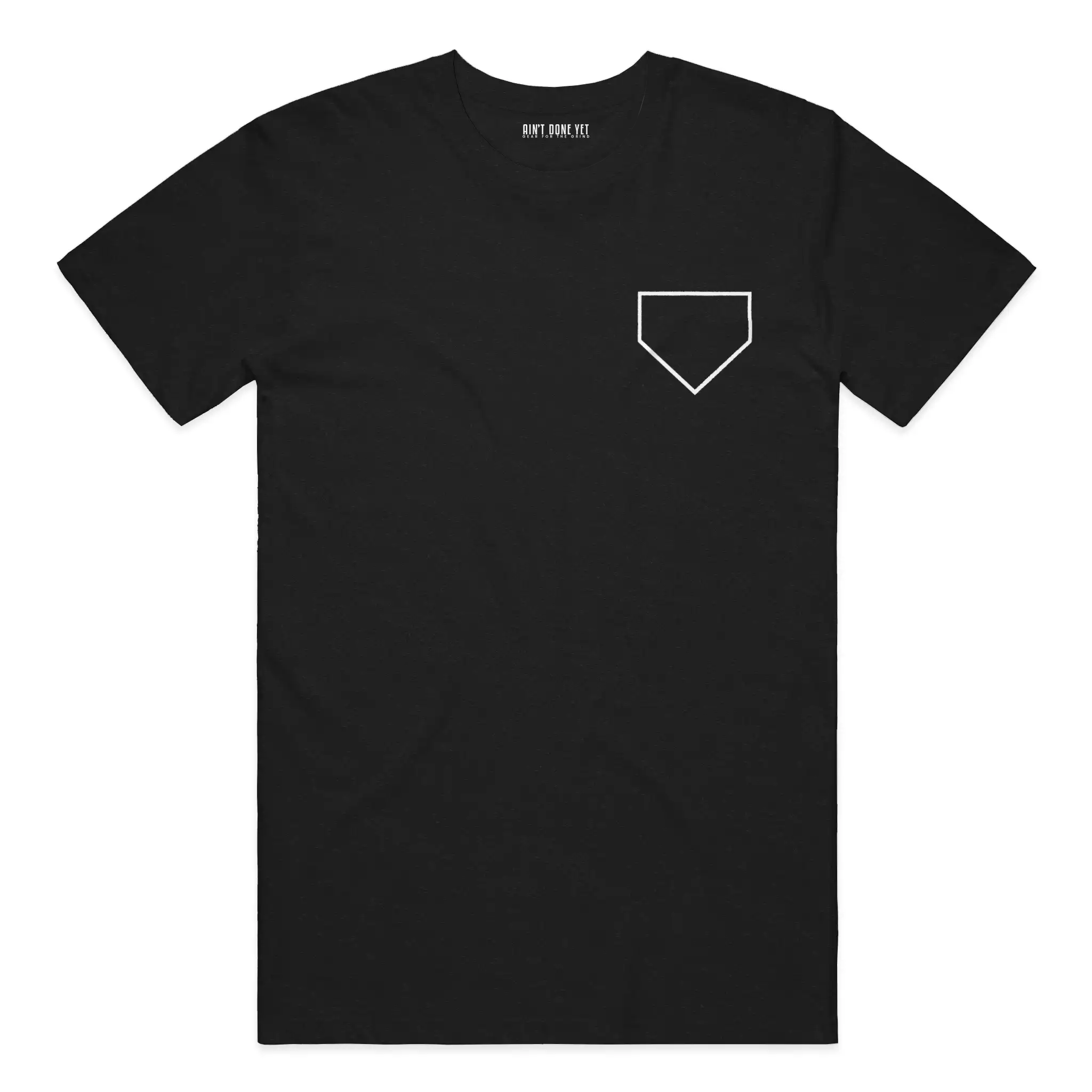 Middle Middle Tee with home plate graphic on front and baseball seam design with Ain’t Done Yet branding on back
