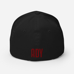 White Seams Flex Hat with raised baseball seam embroidery on front panels and ADY logo on back
