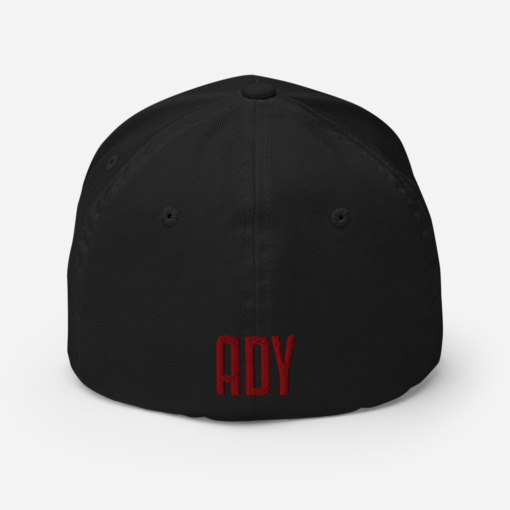 White Seams Flex Hat with raised baseball seam embroidery on front panels and ADY logo on back
