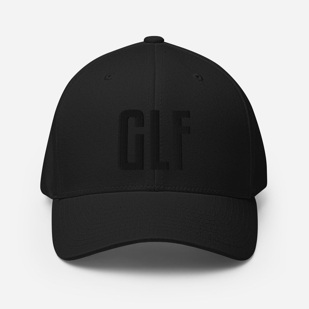 Flex-fit golf hat featuring Play Code GLF front embroidery with structured six-panel design and silver undervisor
