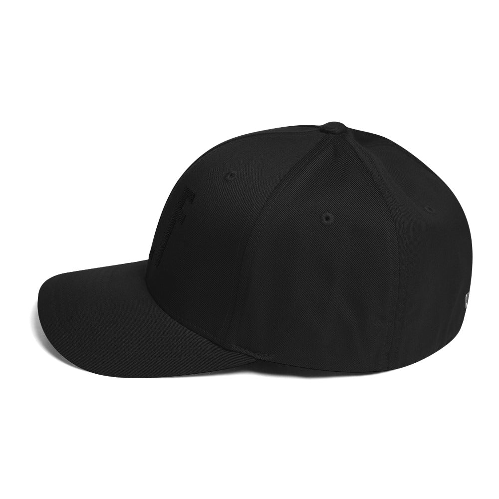 Flex-fit golf hat featuring Play Code GLF front embroidery with structured six-panel design and silver undervisor

