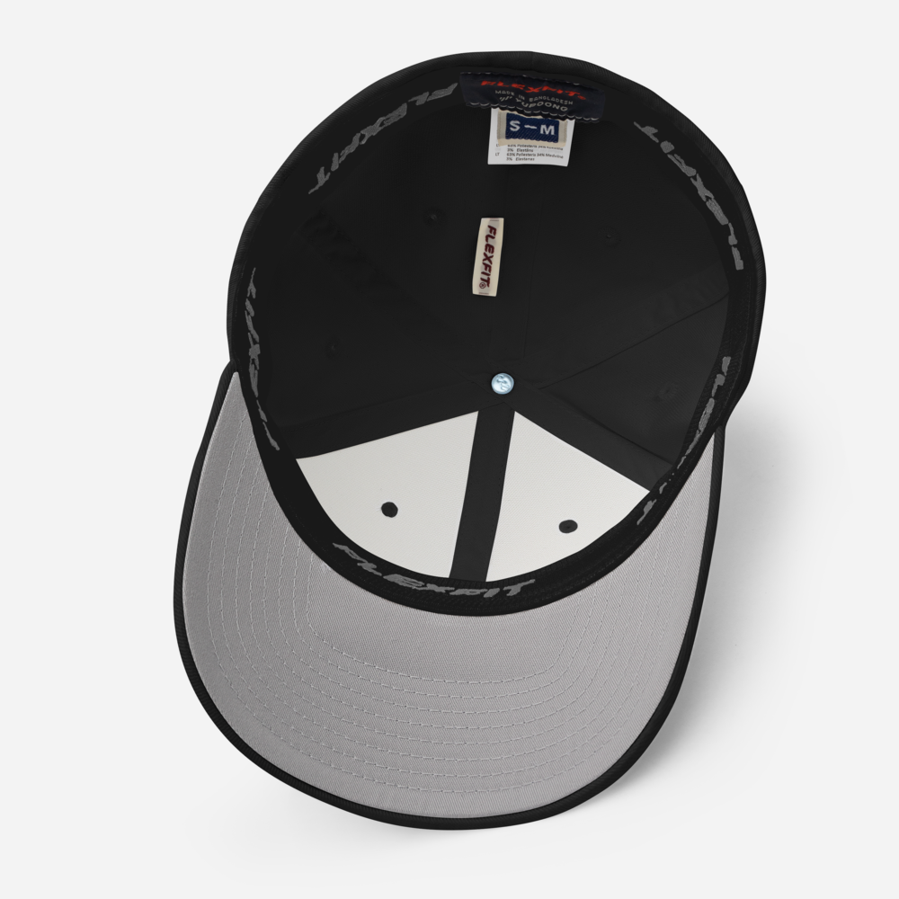 White Seams Flex Hat with raised baseball seam embroidery on front panels and ADY logo on back
