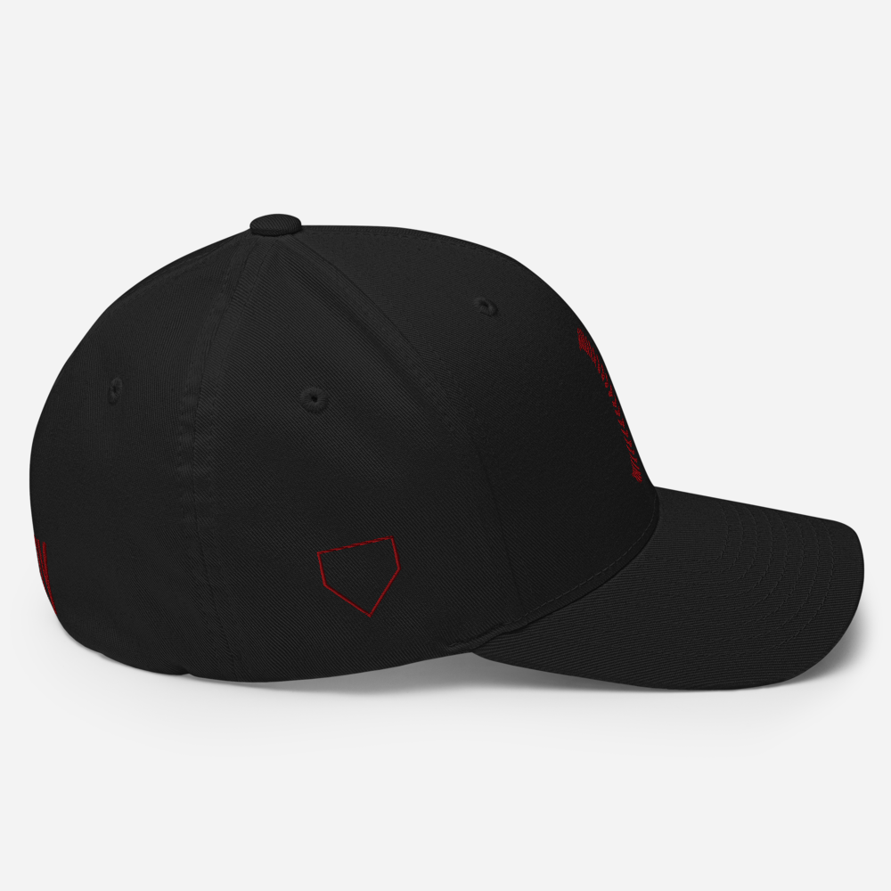 White Seams Flex Hat with raised baseball seam embroidery on front panels and ADY logo on back
