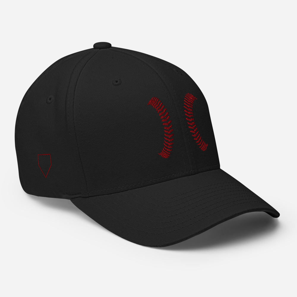 White Seams Flex Hat with raised baseball seam embroidery on front panels and ADY logo on back
