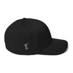 Flex-fit golf hat featuring Play Code GLF front embroidery with structured six-panel design and silver undervisor
