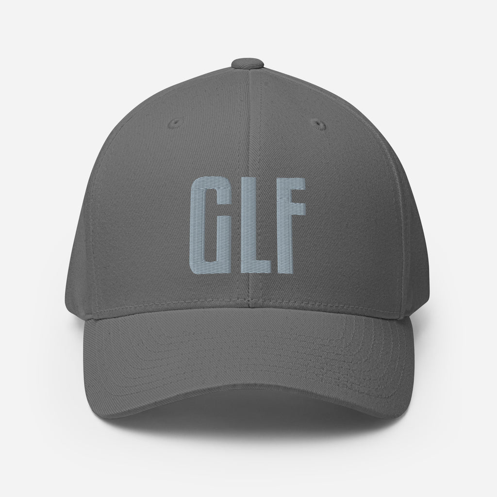 Flex-fit golf hat featuring Play Code GLF front embroidery with structured six-panel design and silver undervisor
