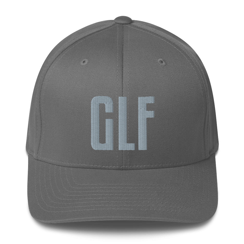 Flex-fit golf hat featuring Play Code GLF front embroidery with structured six-panel design and silver undervisor
