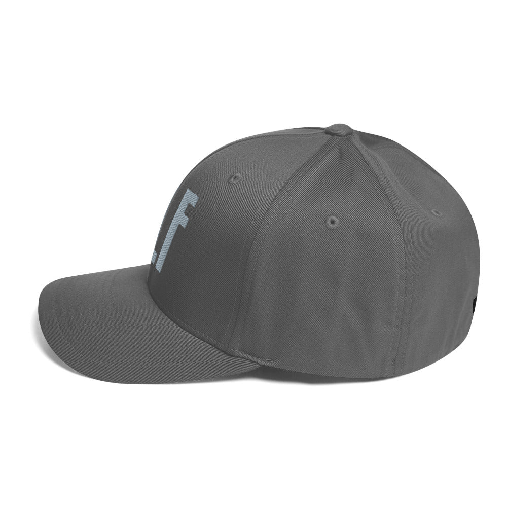 Flex-fit golf hat featuring Play Code GLF front embroidery with structured six-panel design and silver undervisor
