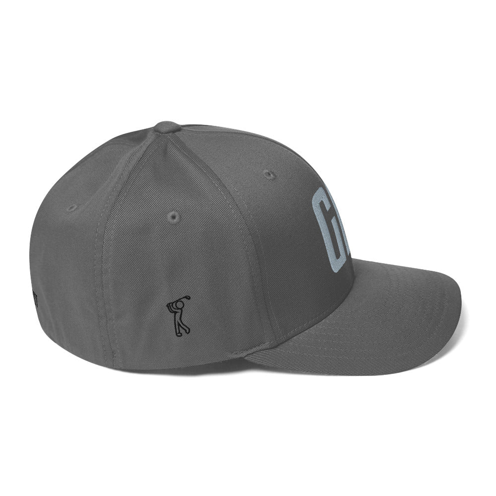 Flex-fit golf hat featuring Play Code GLF front embroidery with structured six-panel design and silver undervisor
