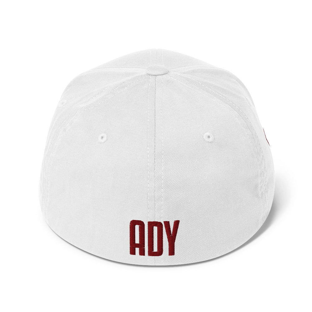 White Seams Flex Hat with raised baseball seam embroidery on front panels and ADY logo on back
