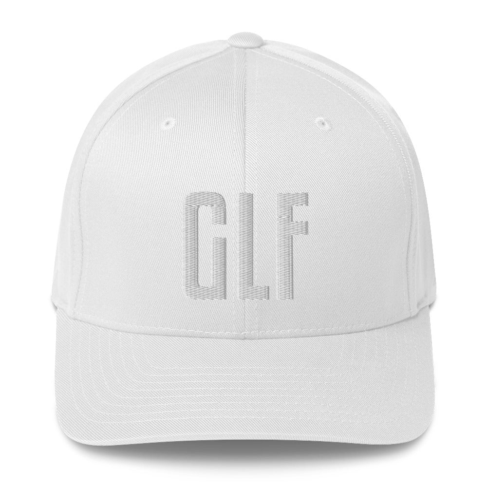 Flex-fit golf hat featuring Play Code GLF front embroidery with structured six-panel design and silver undervisor
