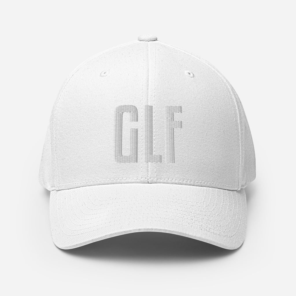 Flex-fit golf hat featuring Play Code GLF front embroidery with structured six-panel design and silver undervisor
