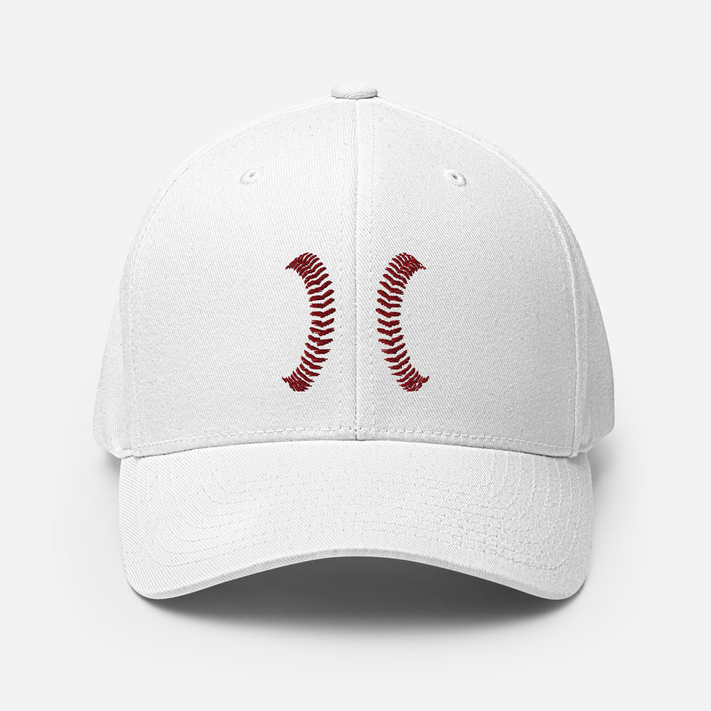 White Seams Flex Hat with raised baseball seam embroidery on front panels and ADY logo on back
