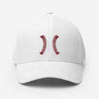 White Seams Flex Hat with raised baseball seam embroidery on front panels and ADY logo on back
