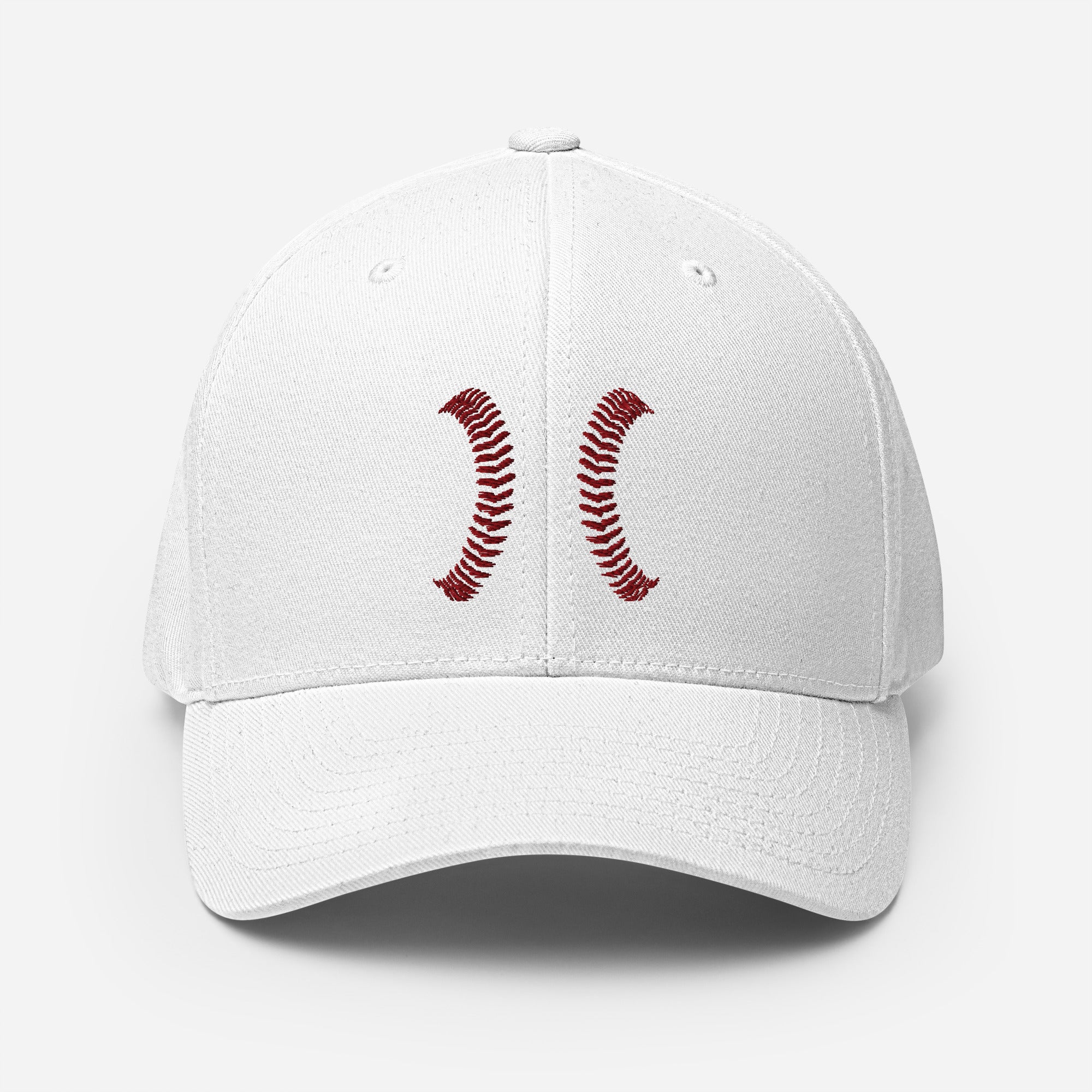 White Seams Flex Hat with raised baseball seam embroidery on front panels and ADY logo on back
