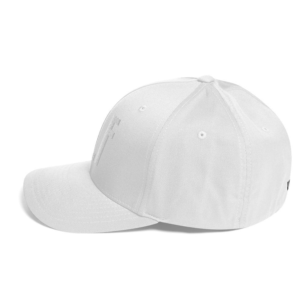 Flex-fit golf hat featuring Play Code GLF front embroidery with structured six-panel design and silver undervisor
