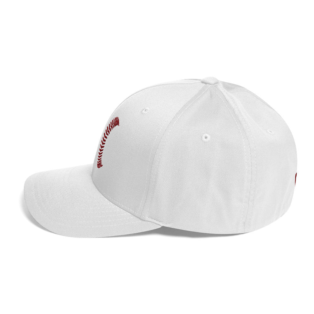 White Seams Flex Hat with raised baseball seam embroidery on front panels and ADY logo on back
