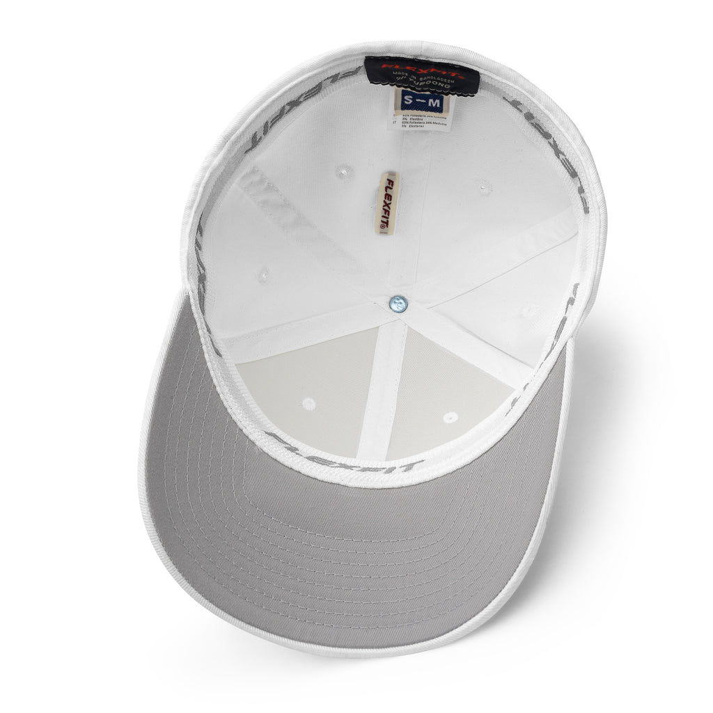 White Seams Flex Hat with raised baseball seam embroidery on front panels and ADY logo on back
