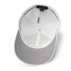 White Seams Flex Hat with raised baseball seam embroidery on front panels and ADY logo on back
