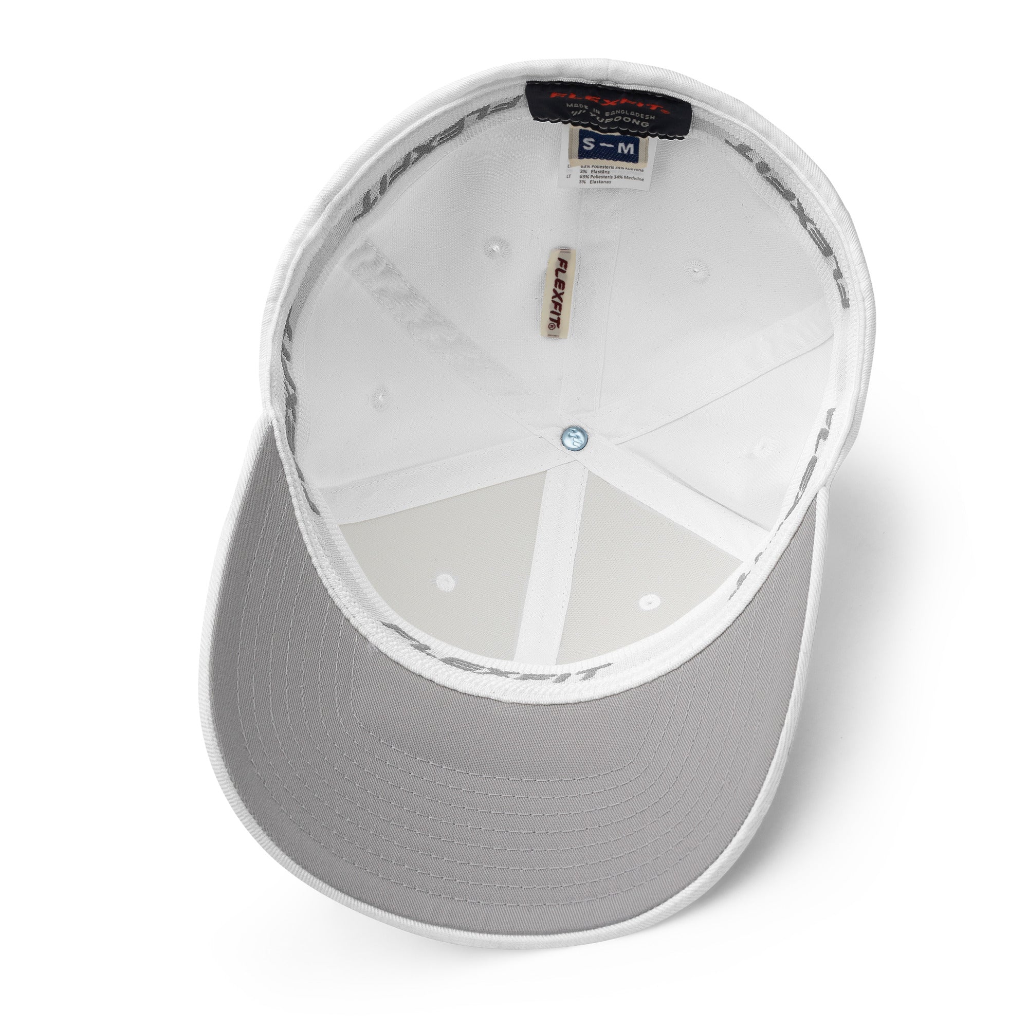 White Seams Flex Hat with raised baseball seam embroidery on front panels and ADY logo on back
