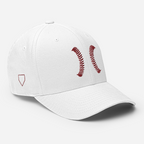 White Seams Flex Hat with raised baseball seam embroidery on front panels and ADY logo on back
