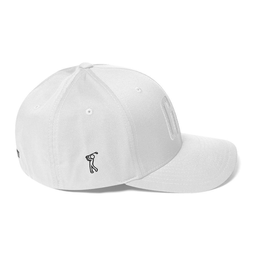 Flex-fit golf hat featuring Play Code GLF front embroidery with structured six-panel design and silver undervisor
