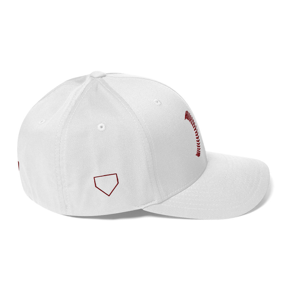 White Seams Flex Hat with raised baseball seam embroidery on front panels and ADY logo on back
