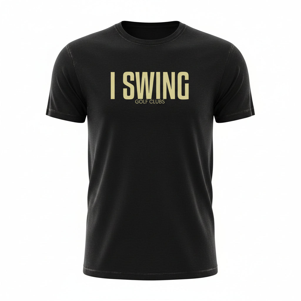 Black golf tee featuring I SWING text with GOLF CLUBS subtitle in a clean, minimalist design
