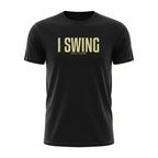 Black golf tee featuring I SWING text with GOLF CLUBS subtitle in a clean, minimalist design
