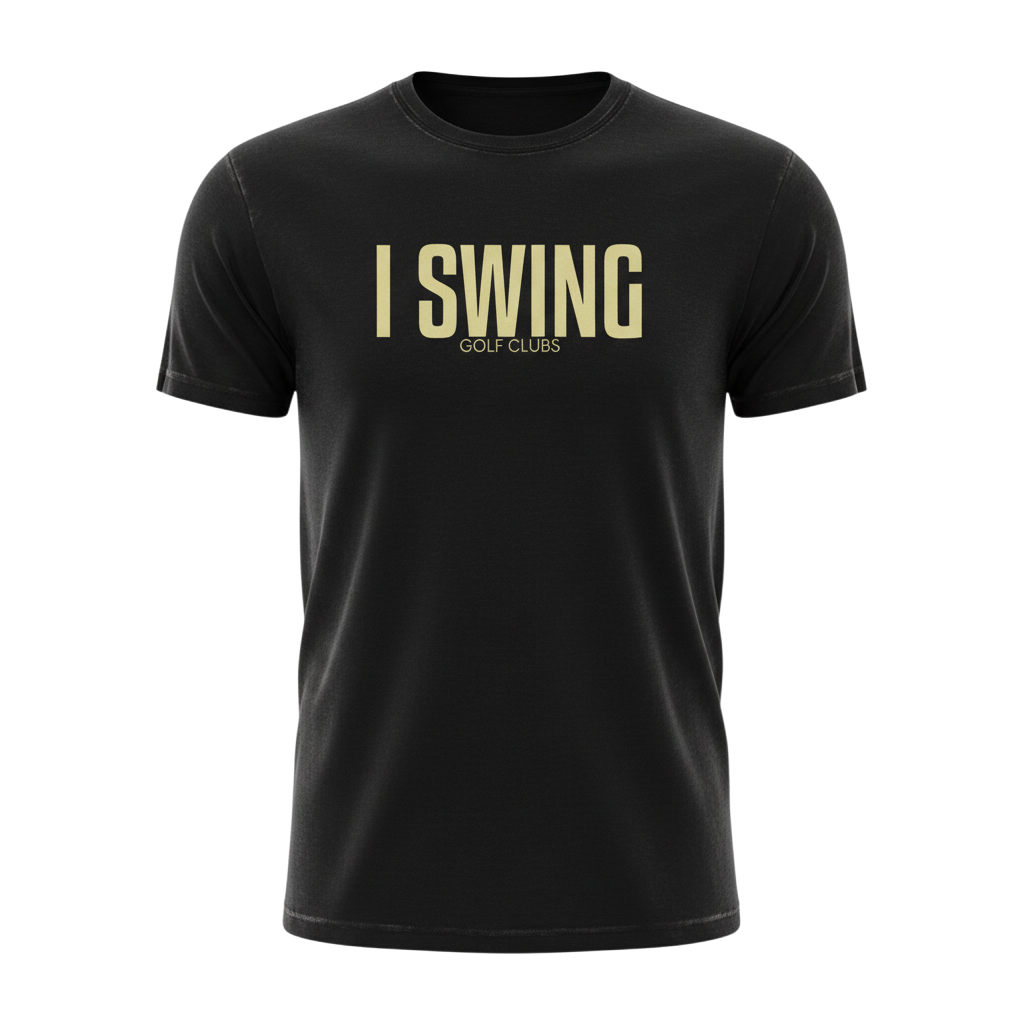 Black golf tee featuring I SWING text with GOLF CLUBS subtitle in a clean, minimalist design
