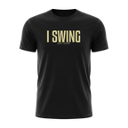 Black golf tee featuring I SWING text with GOLF CLUBS subtitle in a clean, minimalist design
