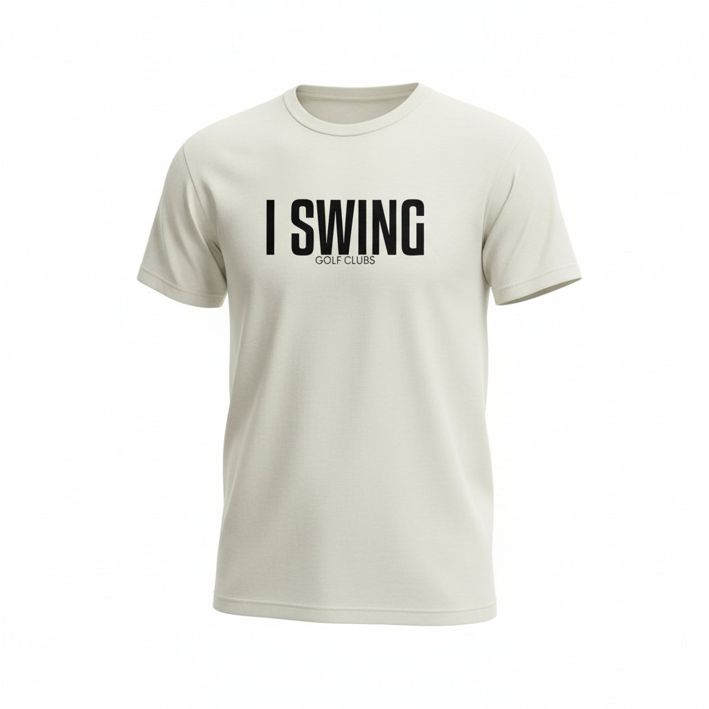 Natural golf tee featuring I SWING text with GOLF CLUBS subtitle in a clean, minimalist design
