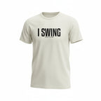 Natural golf tee featuring I SWING text with GOLF CLUBS subtitle in a clean, minimalist design

