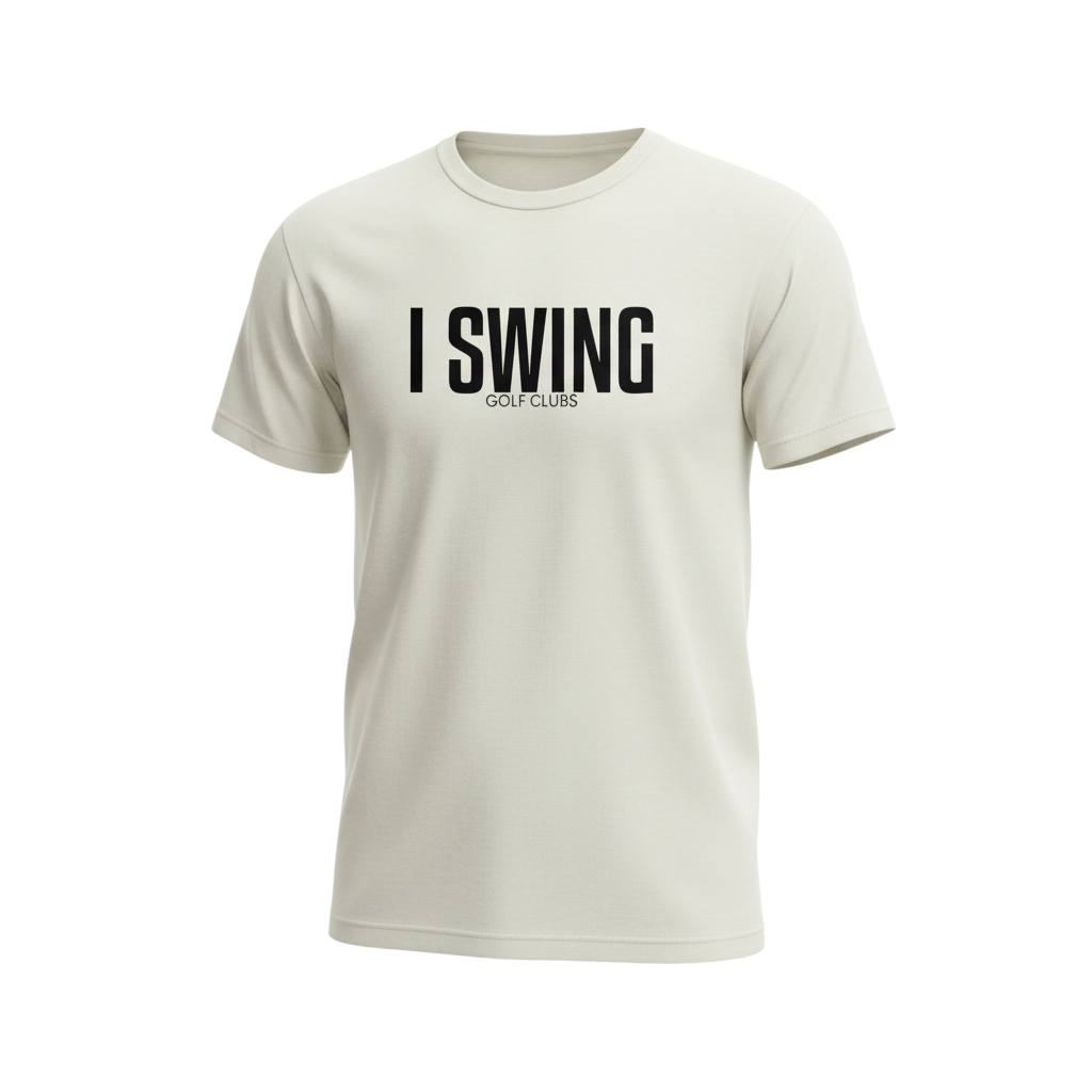 Natural golf tee featuring I SWING text with GOLF CLUBS subtitle in a clean, minimalist design

