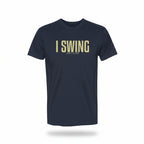 Navy blue t-shirt with 'I SWING GOLF CLUBS' text on a white background