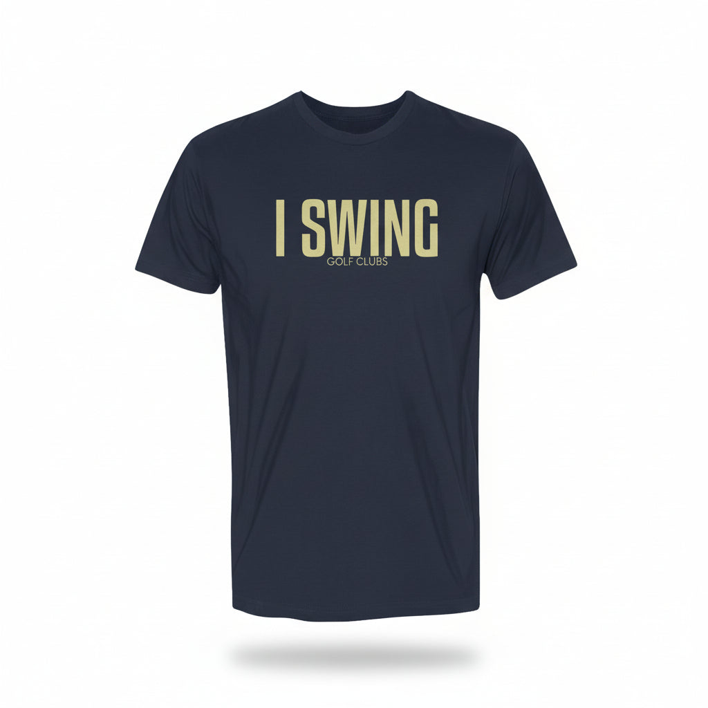 Navy blue t-shirt with 'I SWING GOLF CLUBS' text on a white background