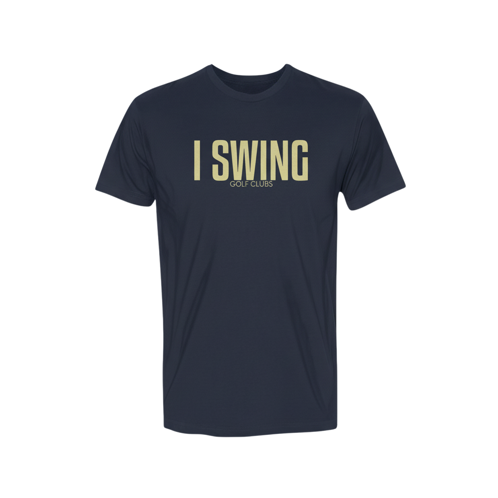 Navy blue t-shirt with 'I SWING GOLF CLUBS' text on a white background