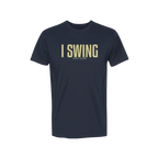 Navy blue t-shirt with 'I SWING GOLF CLUBS' text on a white background