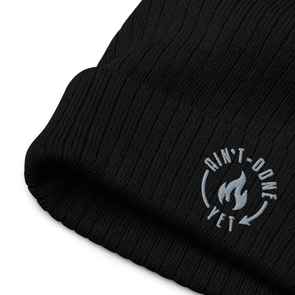 OG Breathe Beanie with ribbed knit design and Ain’t Done Yet logo
