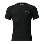 Ain’t Done Yet Middle Middle baseball tee featuring home plate graphic and baseball seam design on a lightweight tri-blend shirt.