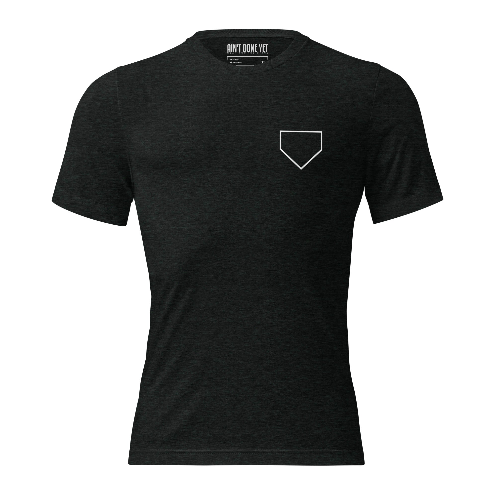 Ain’t Done Yet Middle Middle baseball tee featuring home plate graphic and baseball seam design on a lightweight tri-blend shirt.