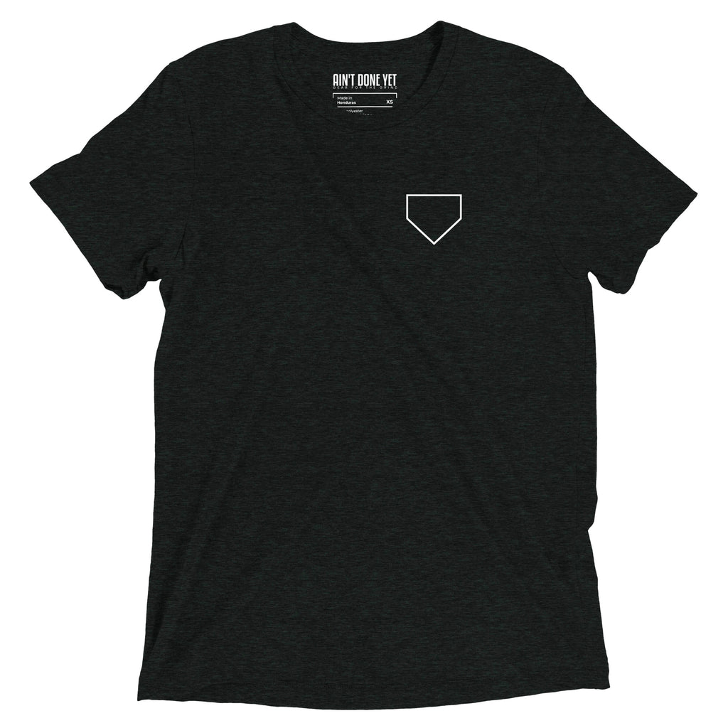 Ain’t Done Yet Middle Middle baseball tee featuring home plate graphic and baseball seam design on a lightweight tri-blend shirt.