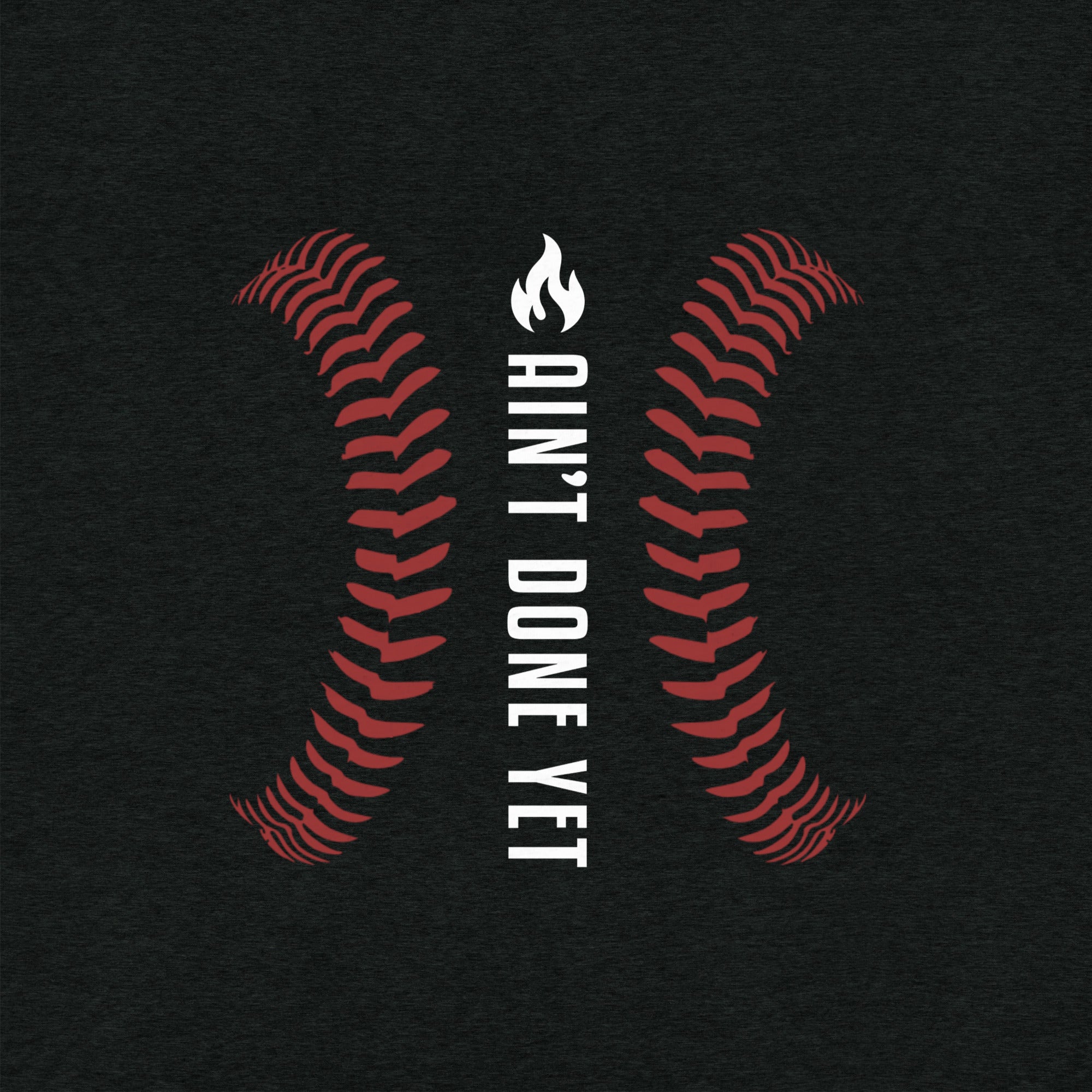 Ain’t Done Yet Middle Middle baseball tee featuring home plate graphic and baseball seam design on a lightweight tri-blend shirt.