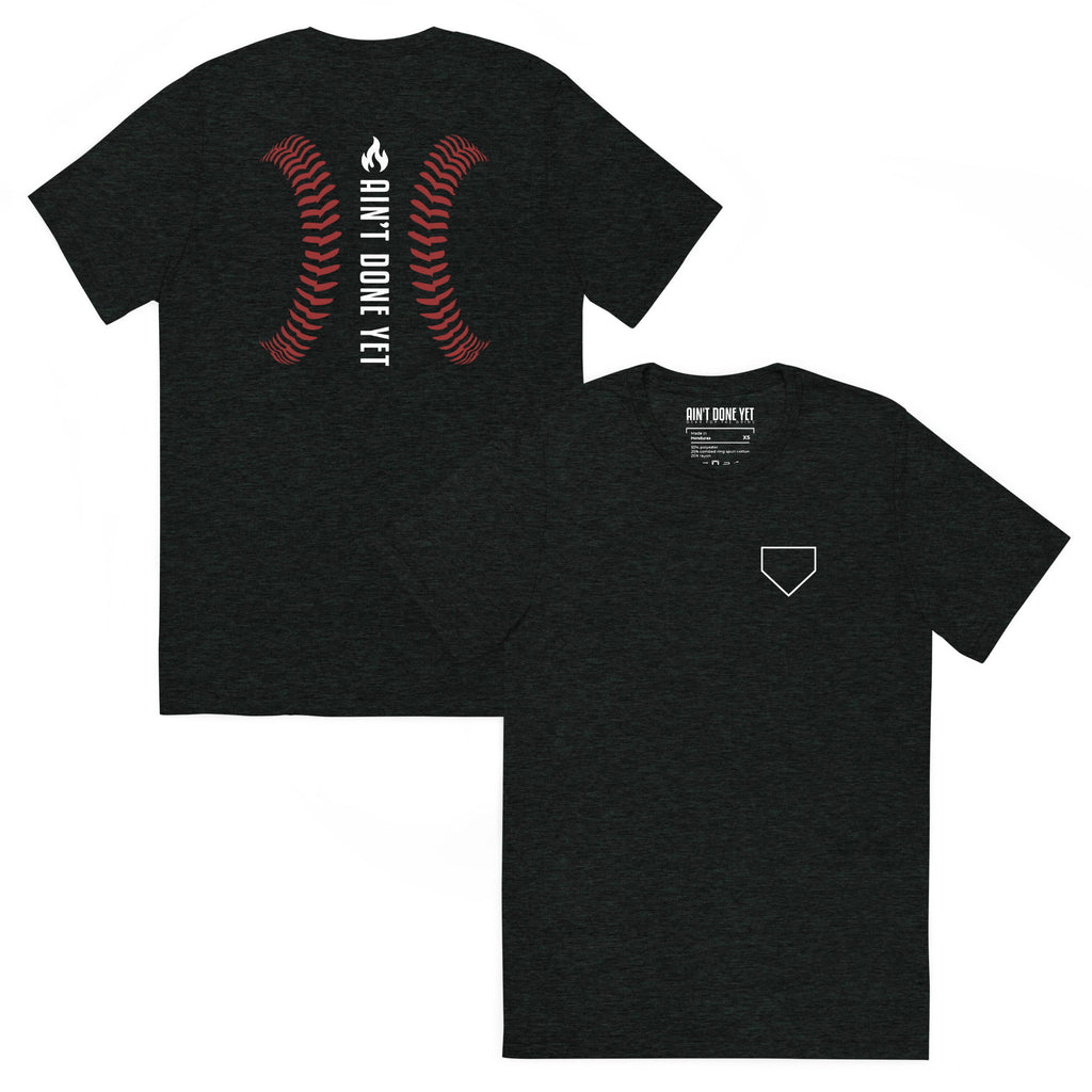 Ain’t Done Yet Middle Middle baseball tee featuring home plate graphic and baseball seam design on a lightweight tri-blend shirt.