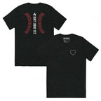 Ain’t Done Yet Middle Middle baseball tee featuring home plate graphic and baseball seam design on a lightweight tri-blend shirt.