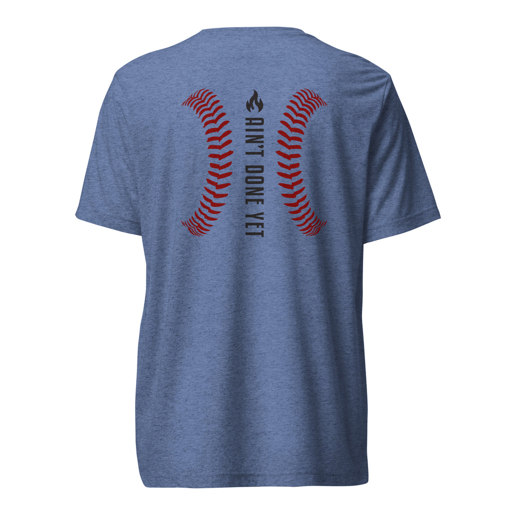 Ain’t Done Yet Middle Middle baseball tee featuring home plate graphic and baseball seam design on a lightweight tri-blend shirt.