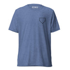Ain’t Done Yet Middle Middle baseball tee featuring home plate graphic and baseball seam design on a lightweight tri-blend shirt.