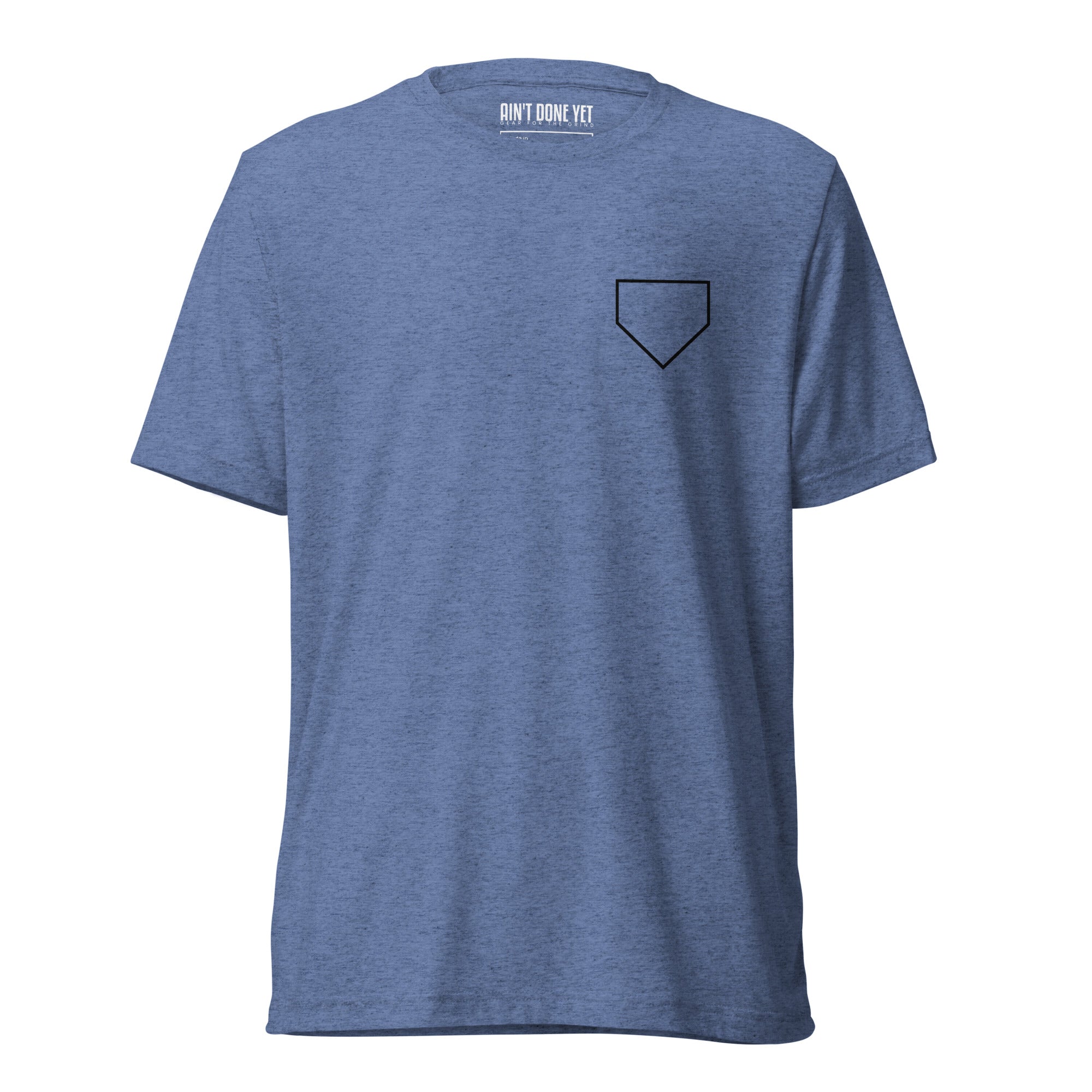 Ain’t Done Yet Middle Middle baseball tee featuring home plate graphic and baseball seam design on a lightweight tri-blend shirt.