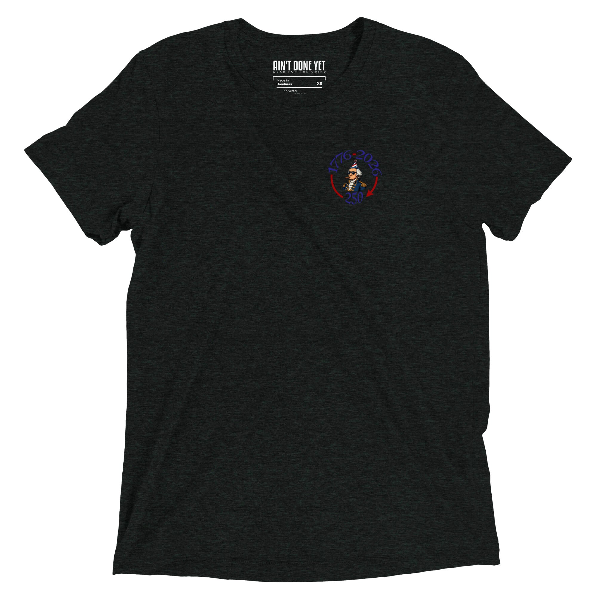 Still Partying America 250 charcoal t-shirt featuring George Washington wearing a birthday hat and sunglasses with a cigar, commemorating America's 250th anniversary.
