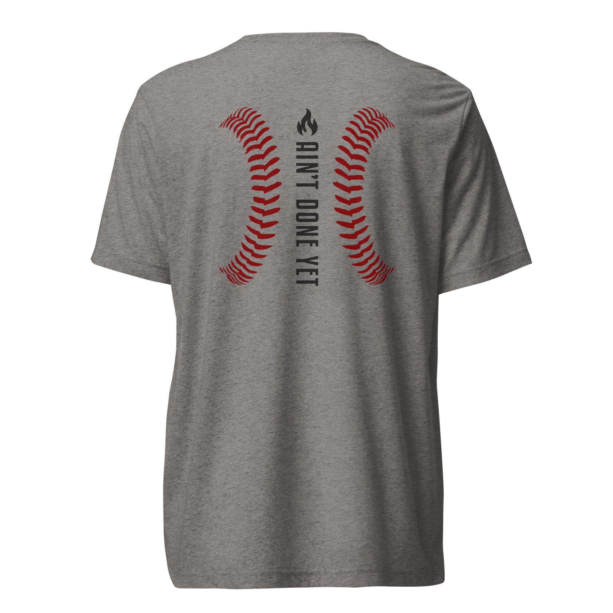 Ain’t Done Yet Middle Middle baseball tee featuring home plate graphic and baseball seam design on a lightweight tri-blend shirt.